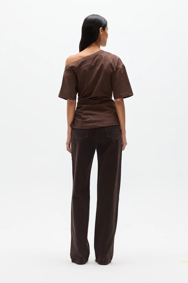 Suki Top Chocolate by Bayse – off shoulder draped top with ruched sides and fitted waist silhouette.