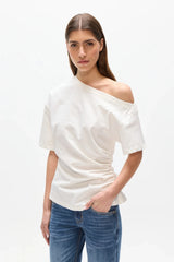 Suki Top White by Bayse – off shoulder draped top with ruched sides and fitted waist silhouette.