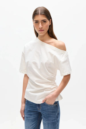 Suki Top White by Bayse – off shoulder draped top with ruched sides and fitted waist silhouette.