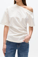 Suki Top White by Bayse – off shoulder draped top with ruched sides and fitted waist silhouette.