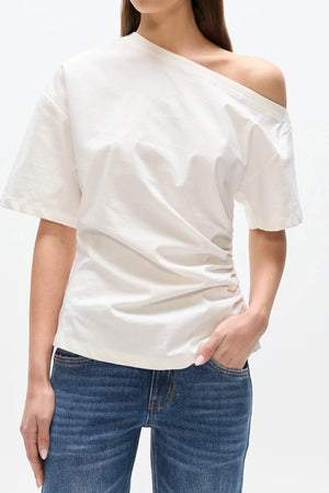 Suki Top White by Bayse – off shoulder draped top with ruched sides and fitted waist silhouette.