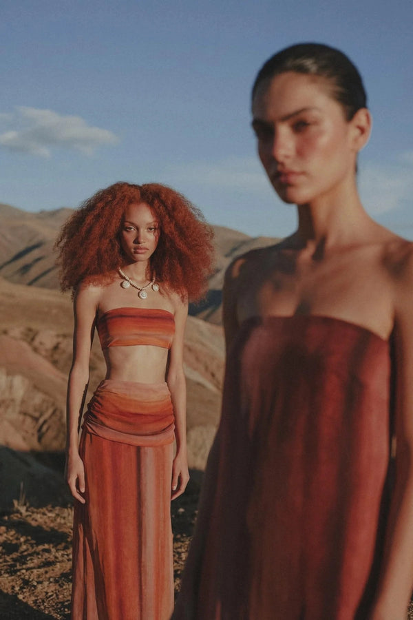 Sumaq Maxi Skirt Terracotta Rosata by Baobab, draped chiffon maxi skirt with elegant flowing movement.