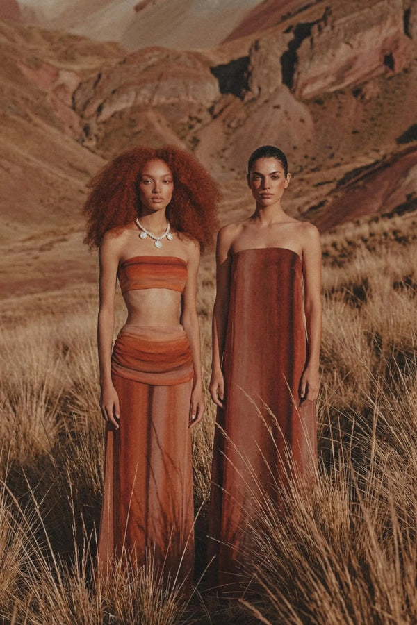 Sumaq Maxi Skirt Terracotta Rosata by Baobab, draped chiffon maxi skirt with elegant flowing movement.7