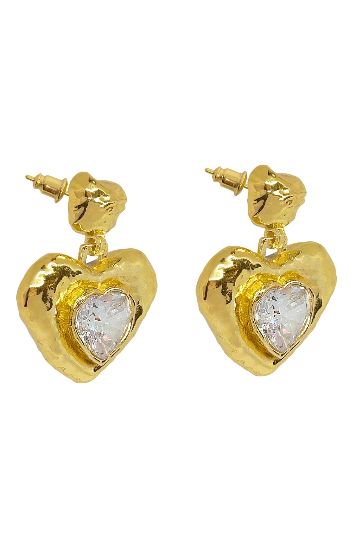 Suri Earrings by Mountain and Moon — gold heart-shaped earrings with White CZ and hammered texture, perfect for bold feminine styling.