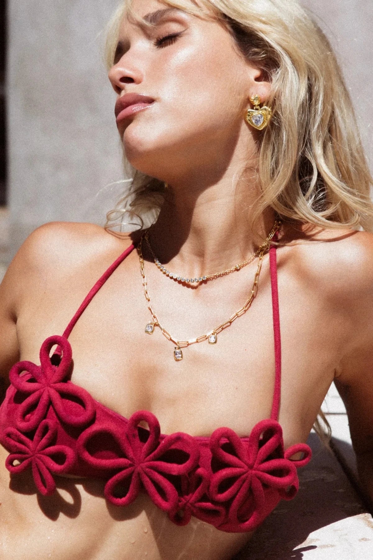 Suri Earrings by Mountain and Moon — gold heart-shaped earrings with White CZ and hammered texture, perfect for bold feminine styling.