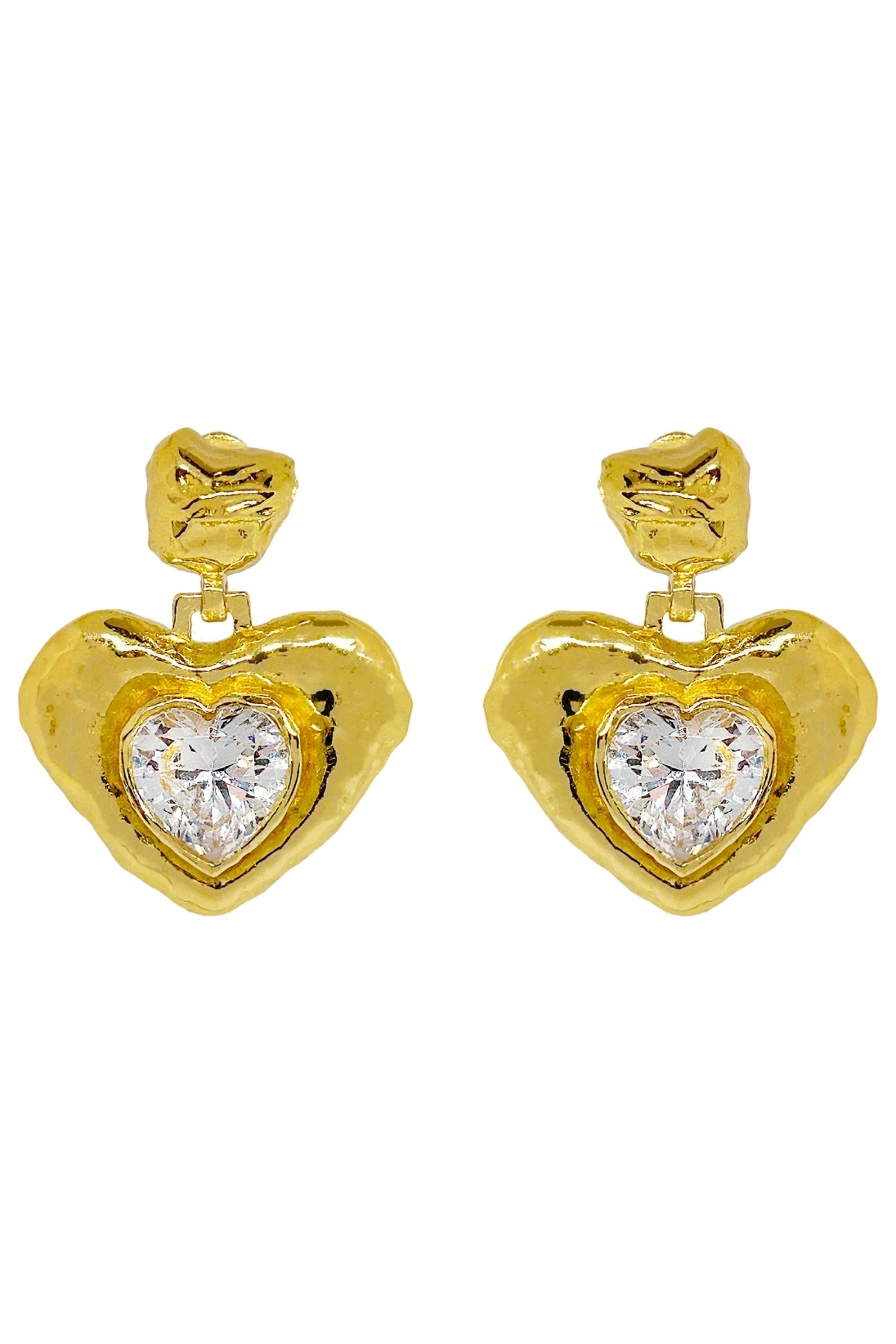 Suri Earrings by Mountain and Moon — gold heart-shaped earrings with White CZ and hammered texture, perfect for bold feminine styling.