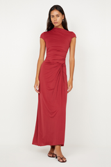 Susie Maxi Dress Cherry by Bec + Bridge – a fitted maxi with ruched waist and sleek silhouette. Perfect for elegant styling.