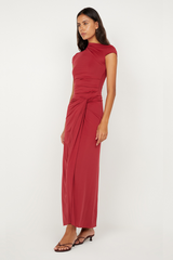 Susie Maxi Dress Cherry by Bec + Bridge – a fitted maxi with ruched waist and sleek silhouette. Perfect for elegant styling.