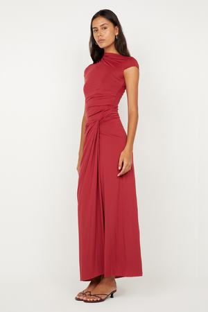 Susie Maxi Dress Cherry by Bec + Bridge – a fitted maxi with ruched waist and sleek silhouette. Perfect for elegant styling.