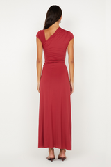 Susie Maxi Dress Cherry by Bec + Bridge – a fitted maxi with ruched waist and sleek silhouette. Perfect for elegant styling.
