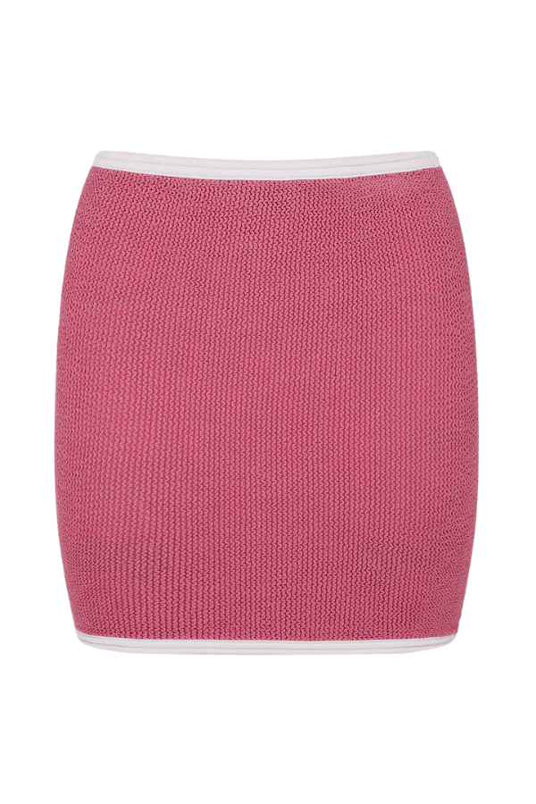 Swimskirt Bikini Bottom Candy Pink by Hunza G, crinkle swim skirt with contrast detail. Perfect for beach days or resort styling.
