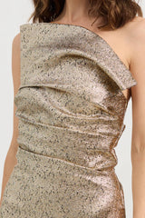 Tacoma Dress by Tojhà, a metallic champagne strapless gown with fold-over neckline, side tucks, and back split for sculptural elegance.