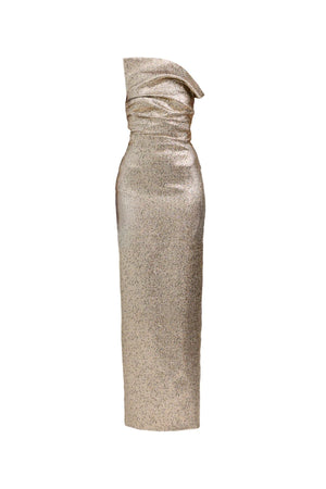 Tacoma Dress by Tojhà, a metallic champagne strapless gown with fold-over neckline, side tucks, and back split for sculptural elegance.