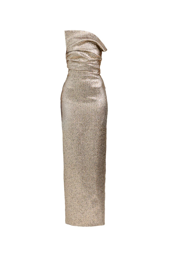 Tacoma Dress by Tojhà, a metallic champagne strapless gown with fold-over neckline, side tucks, and back split for sculptural elegance.