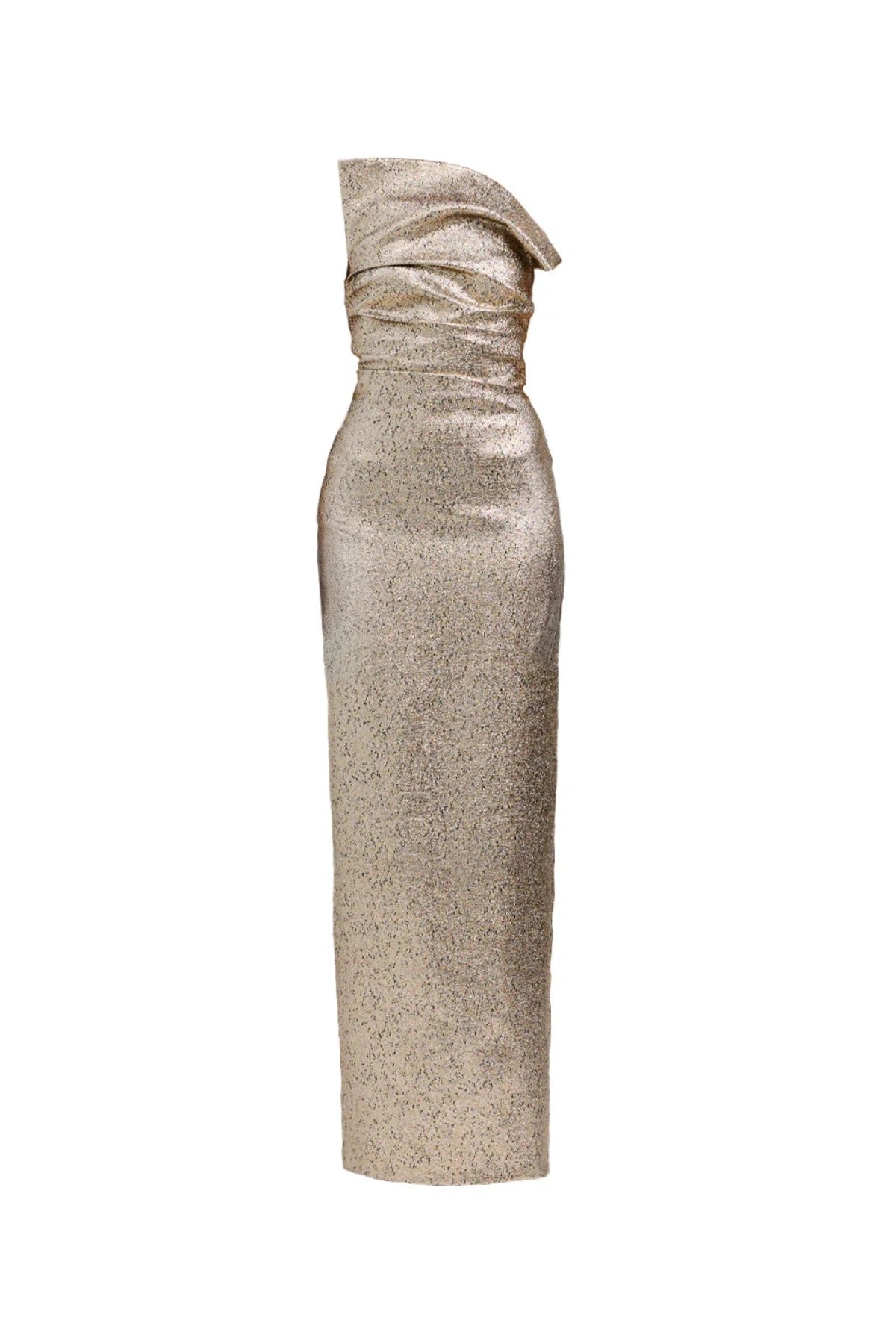 Tacoma Dress by Tojhà, a metallic champagne strapless gown with fold-over neckline, side tucks, and back split for sculptural elegance.