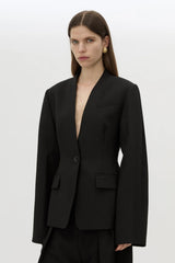 Tala Fitted Collarless Blazer Black by Camilla and Marc - tailored blazer with clean neckline and fitted shape, designed for a polished modern look.