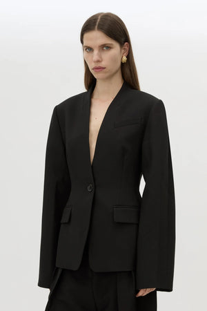 Tala Fitted Collarless Blazer Black by Camilla and Marc - tailored blazer with clean neckline and fitted shape, designed for a polished modern look.