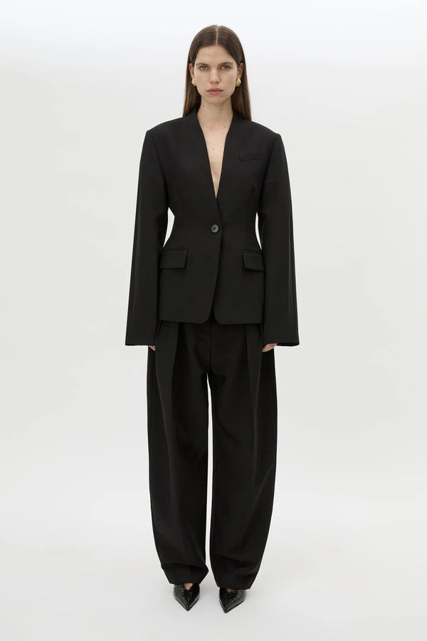 Tala Fitted Collarless Blazer Black by Camilla and Marc - tailored blazer with clean neckline and fitted shape, designed for a polished modern look.