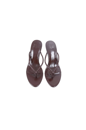 Tash Knot Heel Chocolate Brown by Sneaky Link – a leather thong heel with knot detail and open toe. Perfect for summer styling.