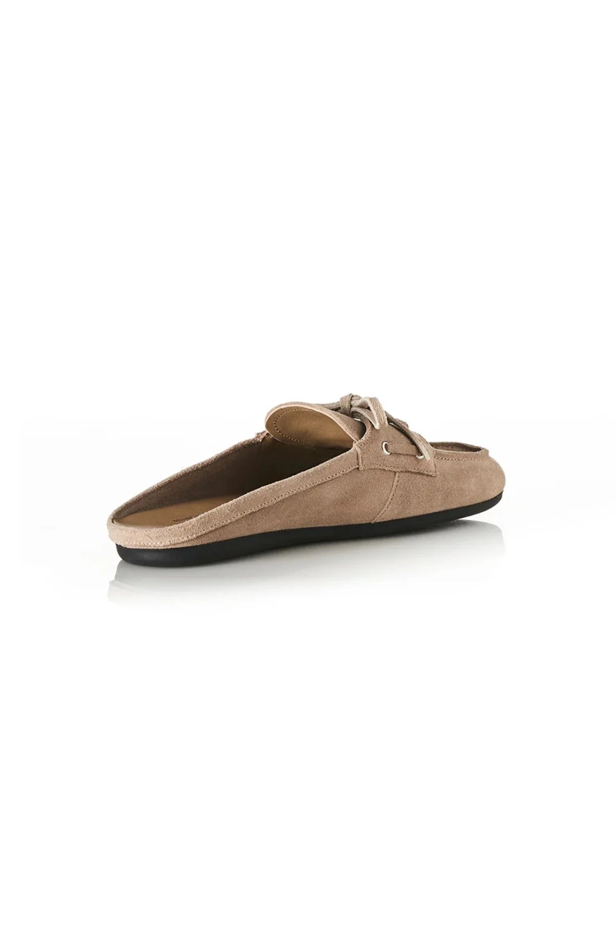 Tessa in Natural Suede by Alias Mae, a backless boat shoe in premium suede with flat heel and soft leather lining, ideal for effortless, relaxed styling.