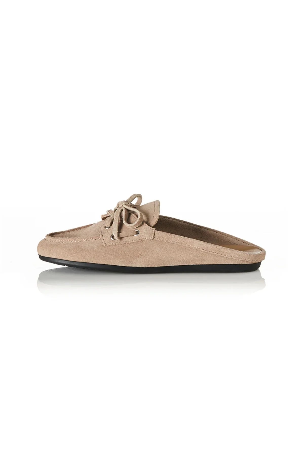 Tessa in Natural Suede by Alias Mae, a backless boat shoe in premium suede with flat heel and soft leather lining, ideal for effortless, relaxed styling.