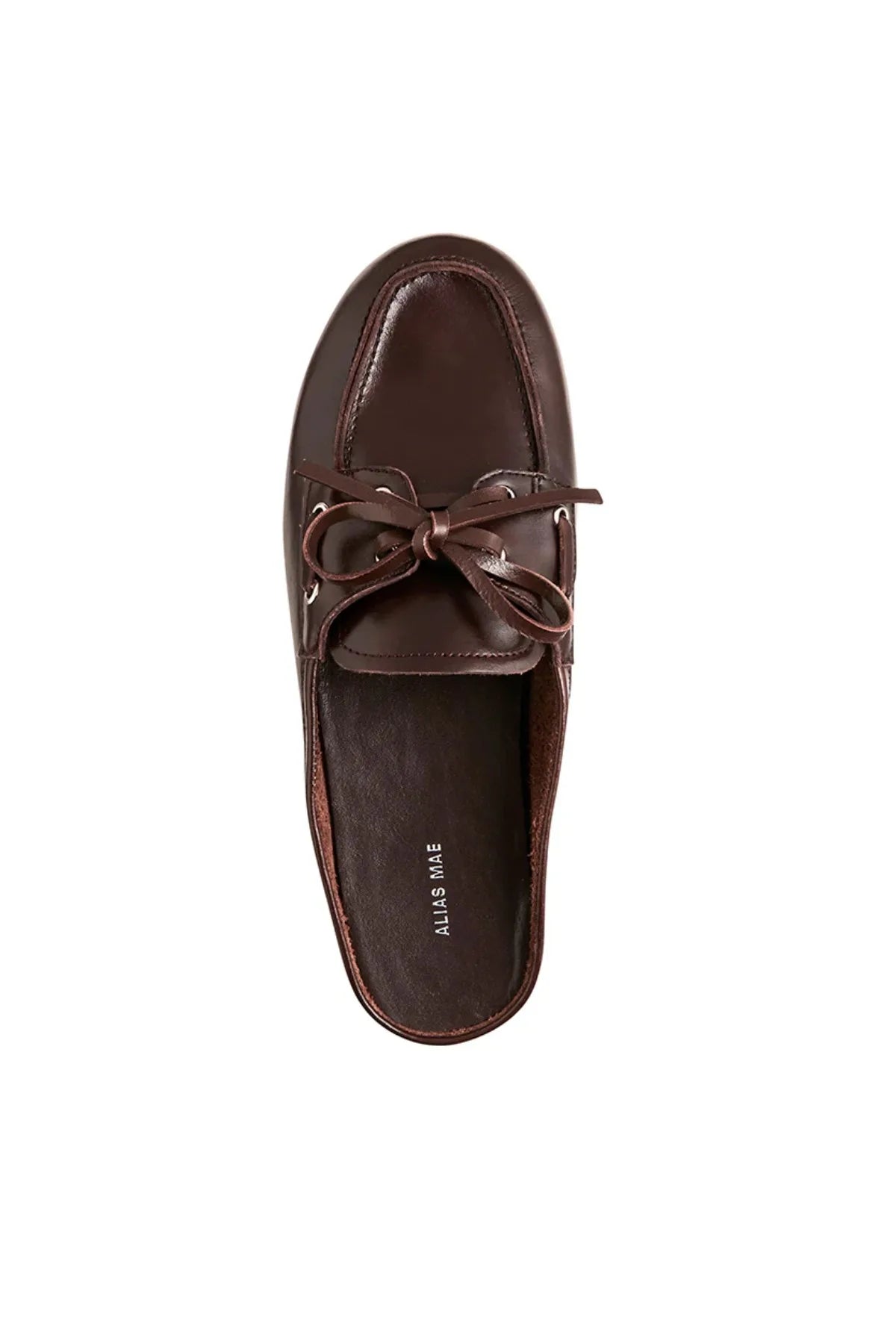 Tessa in Walnut Wax by Alias Mae, a backless boat shoe in premium leather with flat heel and soft leather lining, perfect for relaxed, refined styling.