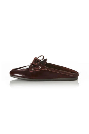 Tessa in Walnut Wax by Alias Mae, a backless boat shoe in premium leather with flat heel and soft leather lining, perfect for relaxed, refined styling.