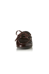 Tessa in Walnut Wax by Alias Mae, a backless boat shoe in premium leather with flat heel and soft leather lining, perfect for relaxed, refined styling.