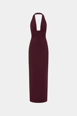 The 'Alusia' Dress Port by Misha, stretch twill maxi with sculptural halter neckline, bust cutout, side split, slim fit, cold hand wash.