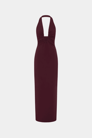 The 'Alusia' Dress Port by Misha, stretch twill maxi with sculptural halter neckline, bust cutout, side split, slim fit, cold hand wash.
