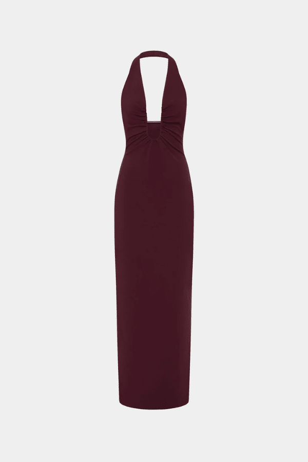The 'Alusia' Dress Port by Misha, stretch twill maxi with sculptural halter neckline, bust cutout, side split, slim fit, cold hand wash.