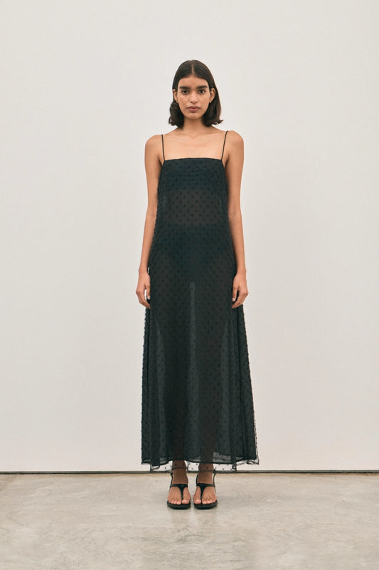 The Camilla Dress Beaded Noir by Solaqua – sheer beaded maxi dress with geometric embellishments and elegant drape.