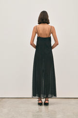 The Camilla Dress Beaded Noir by Solaqua – sheer beaded maxi dress with geometric embellishments and elegant drape.