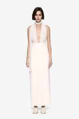 The Capezza Silk Dress by MISHA, a halter midi dress with plunge neckline, silk wrap, and open back. Perfect for elevated evenings.