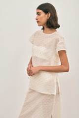 The Chelsea Beaded Top Ivory by Solaqua – sheer beaded top with geometric embellishments and detachable camisole.