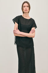 The Chelsea Beaded Top Noir by Solaqua – sheer beaded top with geometric embellishments and detachable camisole.
