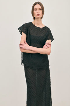 The Chelsea Beaded Top Noir by Solaqua – sheer beaded top with geometric embellishments and detachable camisole.
