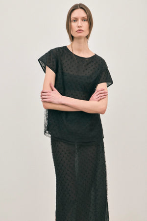 The Chelsea Beaded Top Noir by Solaqua – sheer beaded top with geometric embellishments and detachable camisole.