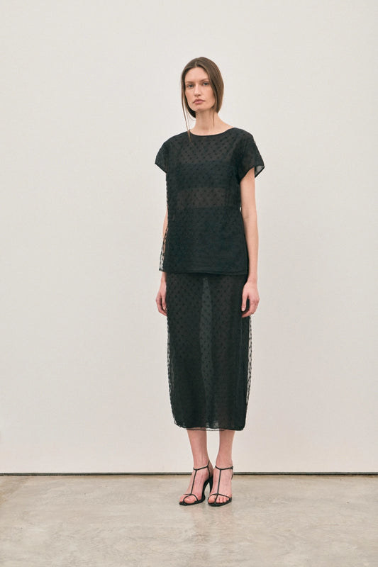 The Chelsea Beaded Top Noir by Solaqua – sheer beaded top with geometric embellishments and detachable camisole.