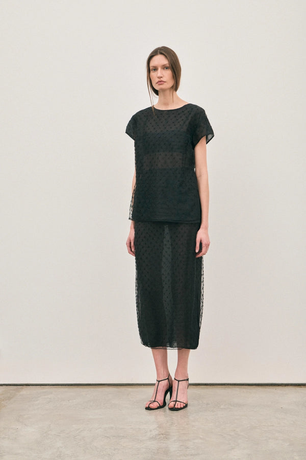 The Chelsea Beaded Top Noir by Solaqua – sheer beaded top with geometric embellishments and detachable camisole.