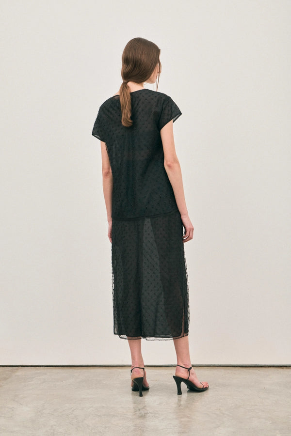 The Chelsea Beaded Top Noir by Solaqua – sheer beaded top with geometric embellishments and detachable camisole.