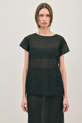 The Chelsea Beaded Top Noir by Solaqua – sheer beaded top with geometric embellishments and detachable camisole.