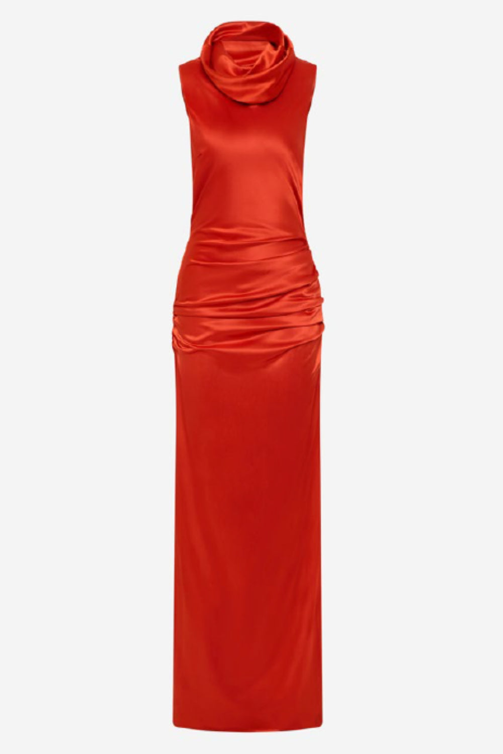 The Draped Collar Satin Maxi Dress Flame Orange by Misha – satin maxi dress with draped funnel neckline and bias-cut skirt.