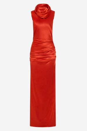 The Draped Collar Satin Maxi Dress Flame Orange by Misha – satin maxi dress with draped funnel neckline and bias-cut skirt.