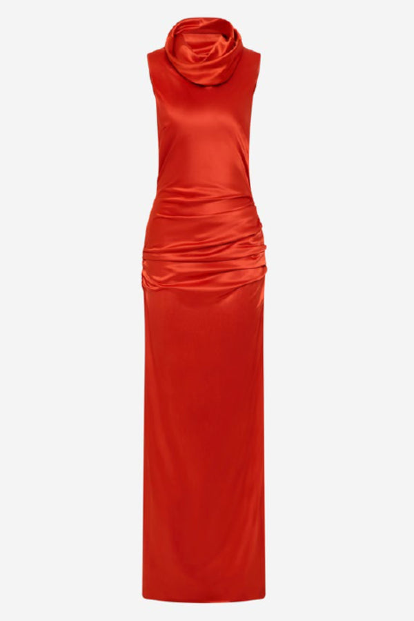 The Draped Collar Satin Maxi Dress Flame Orange by Misha – satin maxi dress with draped funnel neckline and bias-cut skirt.