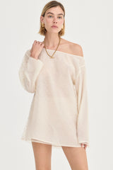 The Eloise Beaded Mini Ivory by Solaqua – sheer beaded mini dress with off shoulder neckline and oversized fit.