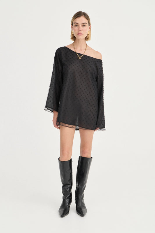 The Eloise Beaded Mini Noir by Solaqua – sheer beaded mini dress with off shoulder neckline and oversized fit.