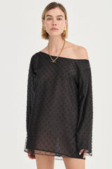 The Eloise Beaded Mini Noir by Solaqua – sheer beaded mini dress with off shoulder neckline and oversized fit.
