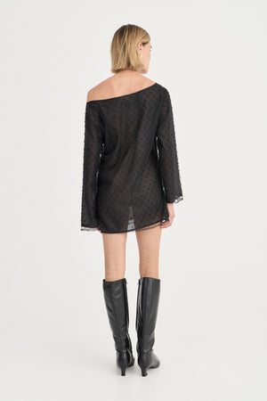 The Eloise Beaded Mini Noir by Solaqua – sheer beaded mini dress with off shoulder neckline and oversized fit.