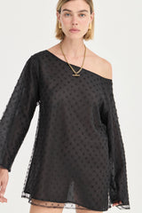 The Eloise Beaded Mini Noir by Solaqua – sheer beaded mini dress with off shoulder neckline and oversized fit.